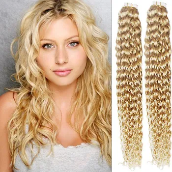 Příčesek Vlasy pro metodu Pu Extension / TapeX / Tape Hair / Tape IN 50cm kudrnaté - nejsvětlejší blond