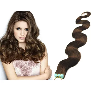 Příčesek Vlasy pro metodu Pu Extension / TapeX / Tape Hair / Tape IN 60cm vlnité - středně hnědé