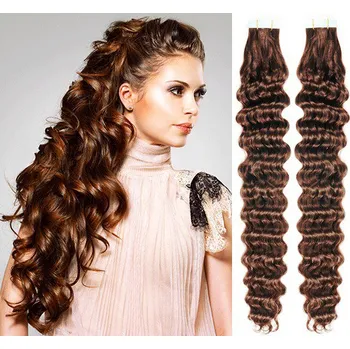Příčesek Vlasy pro metodu Pu Extension / TapeX / Tape Hair / Tape IN 60cm kudrnaté - středně hnědé