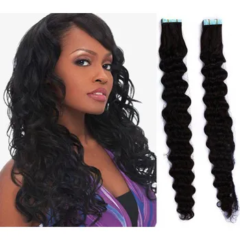Příčesek Vlasy pro metodu Pu Extension / TapeX / Tape Hair / Tape IN 60cm kudrnaté - černé