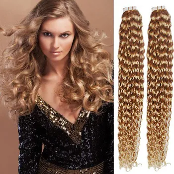 Příčesek Vlasy pro metodu Pu Extension / TapeX / Tape Hair / Tape IN 60cm kudrnaté - přírodní / světlejší blond
