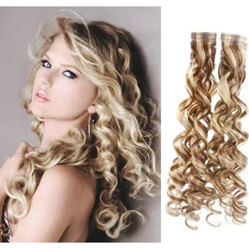 Příčesek Vlasy pro metodu Pu Extension / TapeX / Tape Hair / Tape IN 50cm kudrnaté - platina / světle hnědá