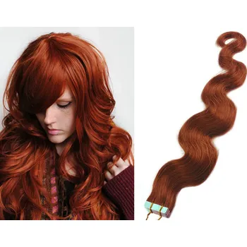Příčesek Vlasy pro metodu Pu Extension / TapeX / Tape Hair / Tape IN 60cm vlnité - měděná
