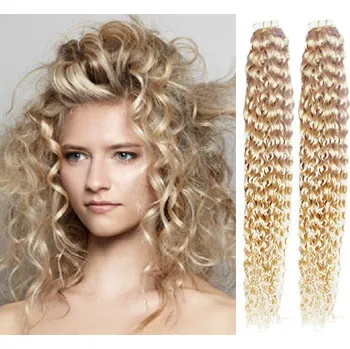 Příčesek Vlasy pro metodu Pu Extension / TapeX / Tape Hair / Tape IN 50cm kudrnaté - platina