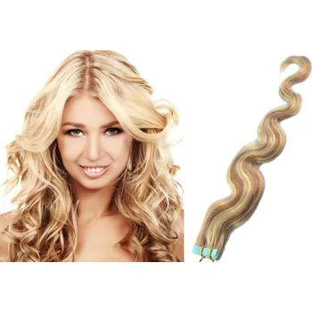 Příčesek Vlasy pro metodu Pu Extension / TapeX / Tape Hair / Tape IN 60cm vlnité - platina / světle hnědá