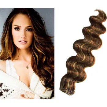 Příčesek Vlasy pro metodu Pu Extension / TapeX / Tape Hair / Tape IN 50cm vlnité - tmavý melír