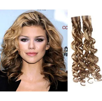 Příčesek Vlasy pro metodu Pu Extension / TapeX / Tape Hair / Tape IN 60cm kudrnaté - světlý melír