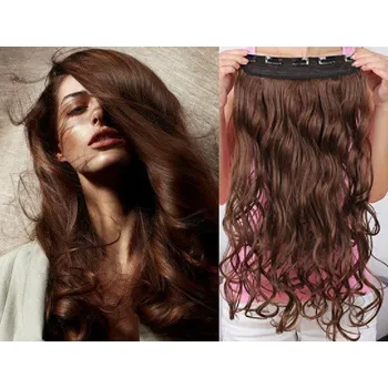 Příčesek Clip in REMY vlasový pás 53cm vlnitý – středně hnědá