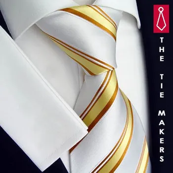 Kravata Bílo zlatá kravata Beytnur 168-1 pruhovaná