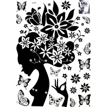 Samolepící dekorace Samolepka na zeď Žena s květy ve vlasech 50 x 70 cm (dětská dekorace na zeď)