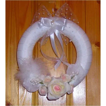Svatební dekorace Svatební věneček,v. 19 cm,bílá,růže,peří SV 32/2