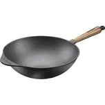 Litinový WOK 32cm, pánev ze švédské litiny SKEPPSHULT 0875V (Velmi kvalitní švédský wok z litiny s držadlem s ořechového dřeva)