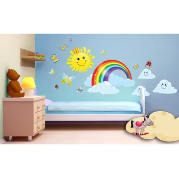 Samolepící dekorace Samolepky na zeď velké - Sluníčko a Duha 100x60