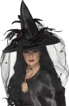 Karnevalový kostým Smiffys Čarodějnický klobouk s peřím-černý