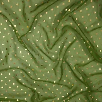 Hedvábný šifon zelený, zlaté puntíky, š.135