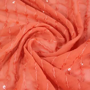 Šifon lososový, výšivka s flitry, š.150