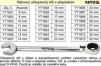Klíč Klíč očkoplochý ráčnový 21mm Yato YT-1664