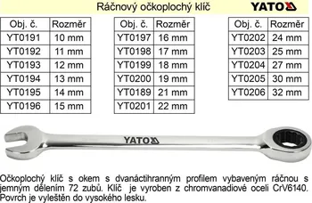 Klíč Klíč očkoplochý ráčnový 10 mm Yato YT-0191