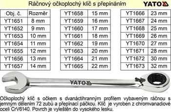 Klíč Klíč očkoplochý ráčnový 18mm Yato YT-1661