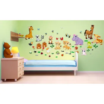 Samolepící dekorace XL dětské samolepky na zeď - Zvířátka mláďátka 120x150