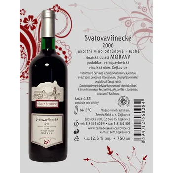 Víno Zemědělská a.s. Čejkovice Svatovavřinecké jakostní 0,75 L moravské červené víno