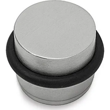 Dveřní zarážka 01 nerez (Podlahová dveřní zarážka 01 z nerez oceli DIN 1.4301 s matným povrchem a pryžovým chráničem chránícím dveře a zdi před poškozením, k instalaci na podlahu, vhodná pro interiér i exteriér.)