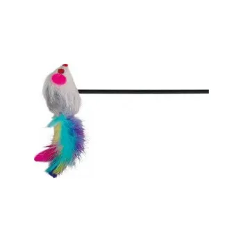 Hračka pro kočku Plastová udice - myška s péřovým ocasem