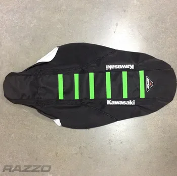 Moto sedlo Potah sedla BudRacing Seat Cover FullTraction Kawasaki KX250F KX450F Black Green Stripes Kawa logo