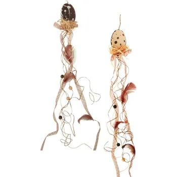 Velikonoční dekorace Závěs látkové vajíčko hnědobéžové se stuhami 50cm