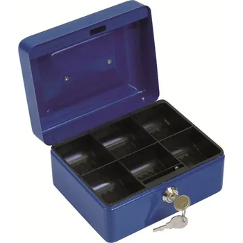 Pokladnička Přenosná pokladnička, 152x115x80mm, kovová, uzamykatelná, s přihrádkou na mince, modrá