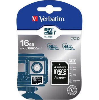 Paměťová karta Verbatim Pro microSDHC 16 GB UHS-I U3 + SD adaptér (43968