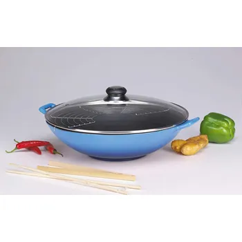 Pánev litinový keramický wok Eva 36 cm blau + příslušenství i na indu